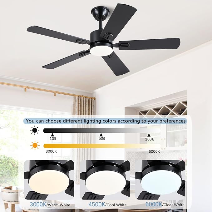 FUMLTP 46 inch Modern Ceiling Fans with Lights APP/Remote Control, Low Profile Reversible 6 Speeds Ceiling Fan Light for Indoor/Outdoor Patio Bedroom Living Room,Black