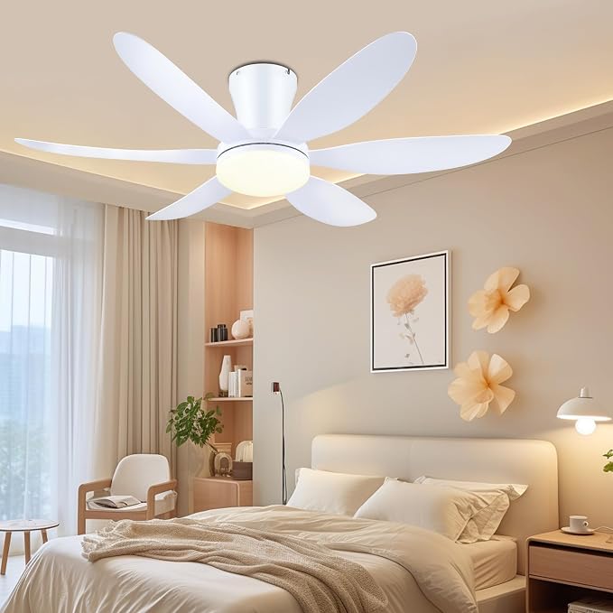 GJeg Ceiling Fans with Lights,42" Low Profile Ceiling Fan with Light and Remote Control,Flush Mount, Reversible, Dimmable, Noiseless, White Ceiling Fan for Bedroom