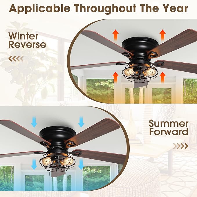 48" Farmhouse Low Profile Ceiling Fan with Light & Remote, Outdoor Flush Mount Ceiling Fans for Bedroom Living Room, 5-Blades 3-Speed Quiet Reversible Motor, Timer Function