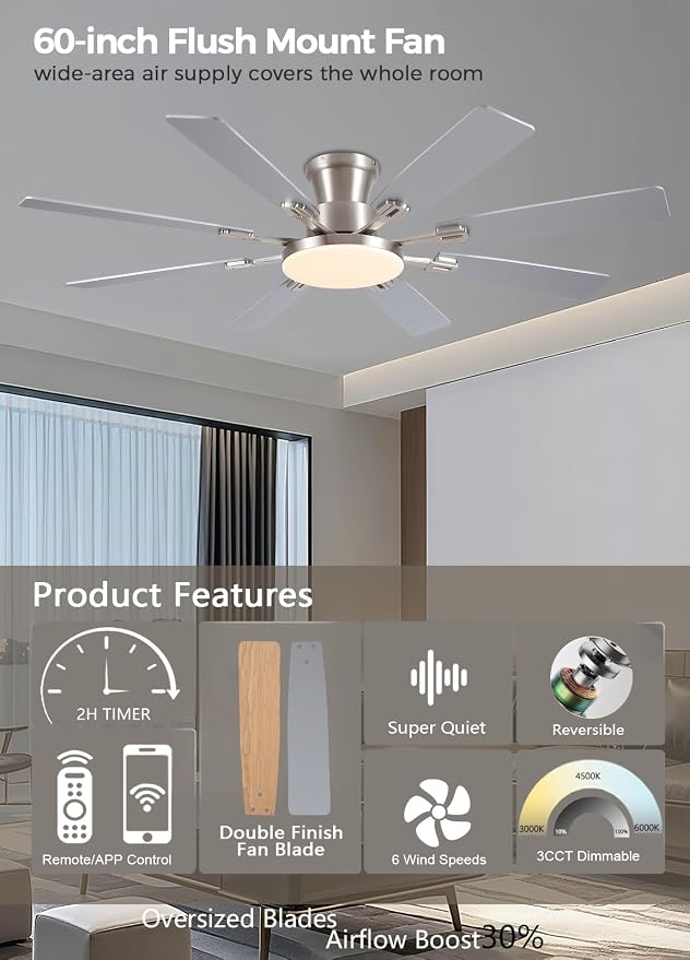 JSAITEE 60Inch Ceiling Fan with Lights Large Low Profile Flush Mount Nickel | Ceiling Fans,DC Reversible Motor Noiseless, 3CCT Dimmable, Dual Finish, 6 Speeds Ceiling Fan for Indoor/Outdoor,Nickel