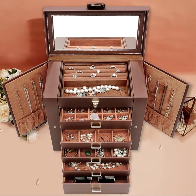 AKOZLIN 6-Tier Jewelry Box Organizer Functional 5 Drawers Leather Jewelry Storage Case for Women Girls Ring Necklace Earring Bracelet Holder Organizer with Mirror Extra Large Brown