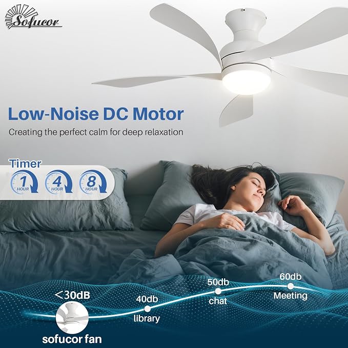 Sofucor 42 Inch Low Profile Ceiling Fan with Light, Flush Mount Outdoor White Ceiling Fan with Remote for Bedroom Living Room Patio, Dimmable LED High Airflow Quiet Reversible DC Motor