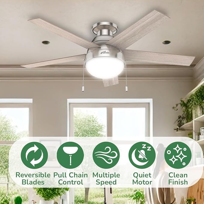 Hunter Anslee, Indoor, Ceiling Fan, with LED Light, 46 inch, Brushed Nickel