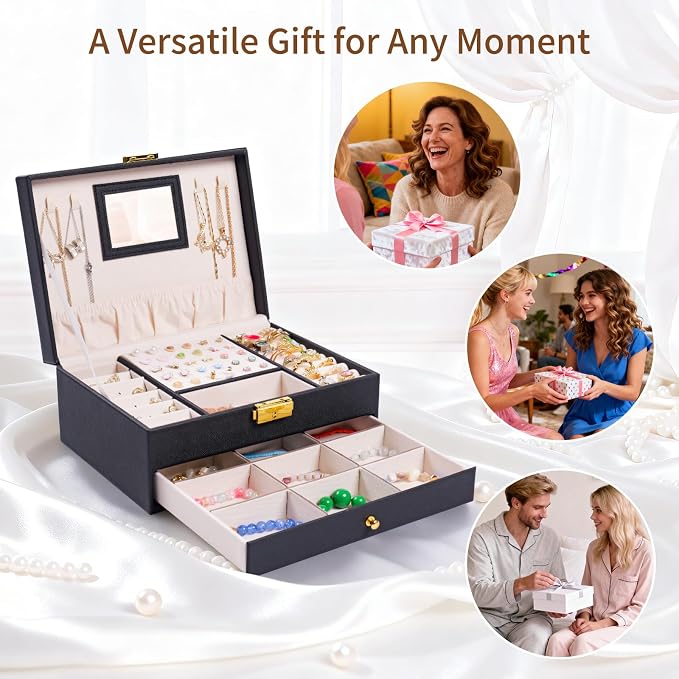 coobest Jewelry Box, 2 Layer Jewelry Organizer with Velvet Earring Organizer, Jewelry Holder Organizer Travel, White Jewelry Boxes for Women, Jewelry Boxes & Organizers for Girls, Black