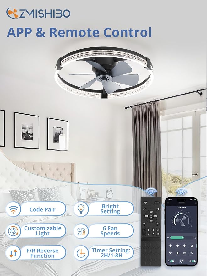 ZMISHIBO Low Profile Ceiling Fans with Lights, Flush Mount Modern Ceiling Fan and Remote Control, 23" LED Ceiling Fans, Stepless Dimmable 3 Colors and 6 Speeds