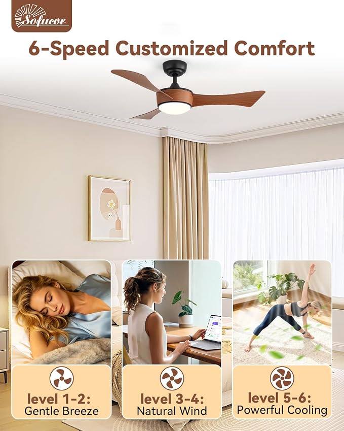 Sofucor 42 Inch Ceiling Fans with Lights-Modern Brown Small Bedroom Ceiling Fan with Remote Control, Plug-in Blades Quick Install, Quiet DC Motor,Outdoor ABS Ceiling Fan for Kitchen/Living Room/Patios