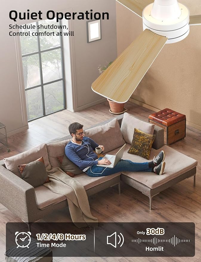 42 inch RGB Ceiling Fan with Light, Smart App & Remote Control Low Profile Flush Mount, Music Sync Lighting, 6-Speed Quiet Reversible DC Motor, 4CCT Dimmable for Home Office Party,White