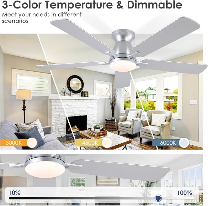 52 Inch Ceiling Fans with Lights and Remote, Flush Mount, Silver | Low Profile, Dimmable LED, Reversible, Quiet DC Motor, Wooden Blades, for Modern Apartment Bedroom Home Office Living Room