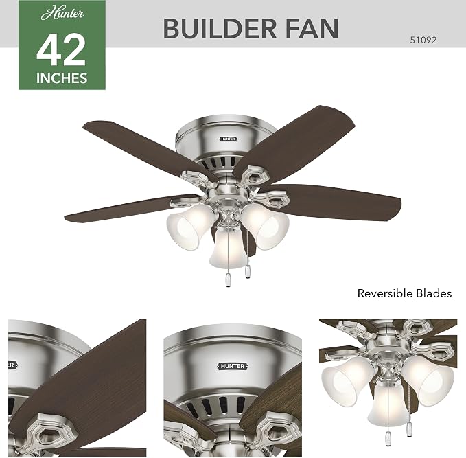 Hunter Builder, Indoor, Ceiling Fan, Pull Chain, 42 inch, Brushed Nickel