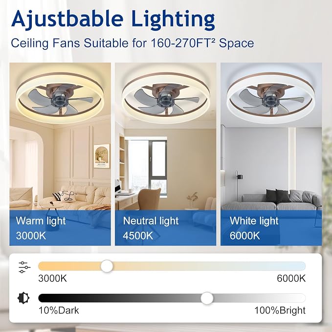 DLLT Low Profile Ceiling Fan: 20" Modern Flush Mount Ceiling Fans with Lights for Bedroom - Brown Dimmable LED Bladeless Fandelier with APP Remote Control Quiet DC Motor for Kids Room Living Room