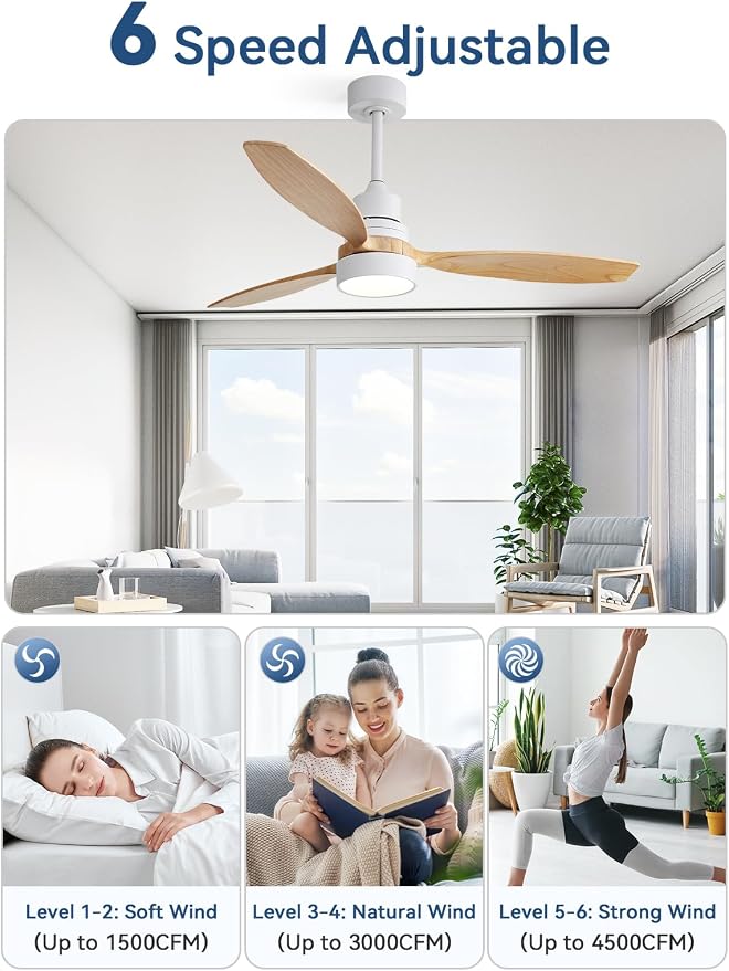 Sofucor 52 Inch Smart Ceiling Fans with Lights and Remote, 3 Blade Solid Wood Ceiling Fan Works with App/Alexa/Google, for Bedroom Living Room Patio Porch