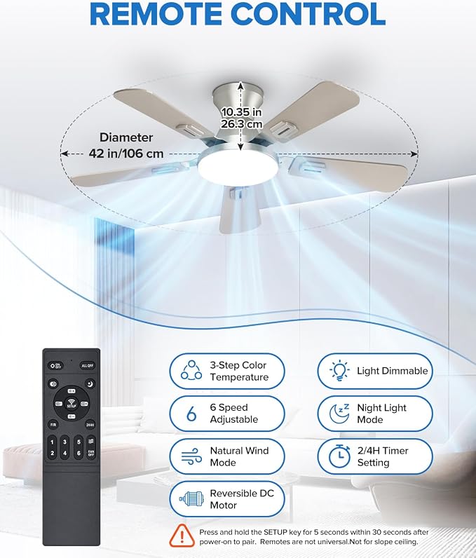 UME 42" Ceiling Fan with Lights & Remote, 6 Blades Low Profile Ceiling Fan, Quiet DC Motor, Natural Wind, 6 Speeds, 3CCT Dimmable 20W LED Modern Ceiling Fan for Bedroom, Living Room, Nickel