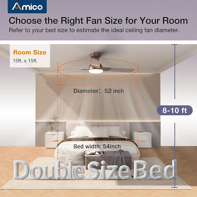 Amico Ceiling Fans with Lights, 52 inch Low Profile Ceiling Fan with Light and Remote Control, Flush Mount, Reversible, 3CCT, Dimmable, Noiseless, Brown Ceiling Fan for Bedroom, Indoor/Outdoor Use