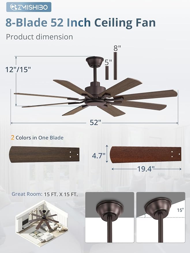 ZMISHIBO 52 inch Ceiling Fan no Light, 8 Blades Oil Bronze Ceiling Fans without lights, Quiet Rerverible DC Motor, 6speeds, for Bedroom, Living Room, Home Office and Patio