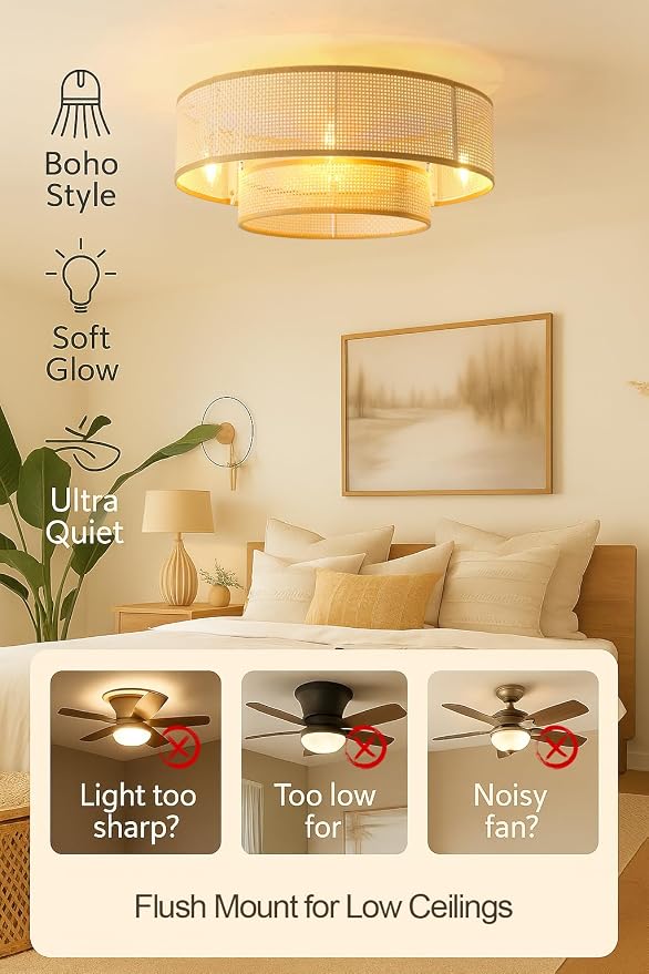 20'' Caged Ceiling Fans with Lights, Boho Flush Mount Ceiling Fan with Light, Rattan Bladeless with 6 Speeds, Low Profile Remote Control for Bedroom,Dining Room