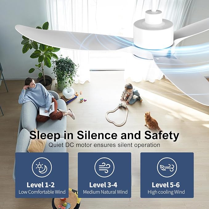 52 Inch Quiet White Ceiling Fan with Lights and Remote, Morden 3 Blades Large Airflow Ceiling Fan, Dimmable LED Light for Bedroom, Living Room