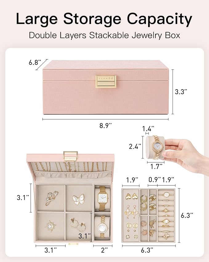 VLANDO 2 Layer Jewelry Box Large Jewelry Organizer for Women Removable Jewelery Tray with Watch Pillow for Necklace Earrings Rings Bracelets Jewelry Boxes for Holidays Gifts (Pink)