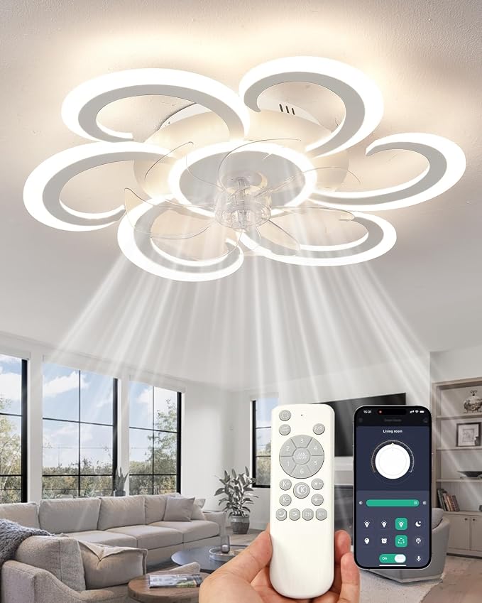 24" White Flower Ceiling Fan with Light Remote Control, 3 Light Color 6 Speeds Flush Mount Low Profile Ceiling Fan for Bedroom Kitchen