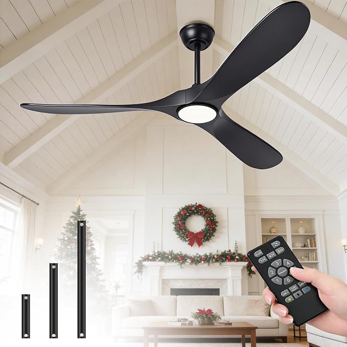 72 Inch Ceiling Fans with Lights and Remote, Wood Outdoor Ceiling Fan with 6 Speed Noiseless DC Motor, Indoor Modern 3 Blade Propeller Ceiling Fan for Bedroom Living Room Gazebo Patio (Black)