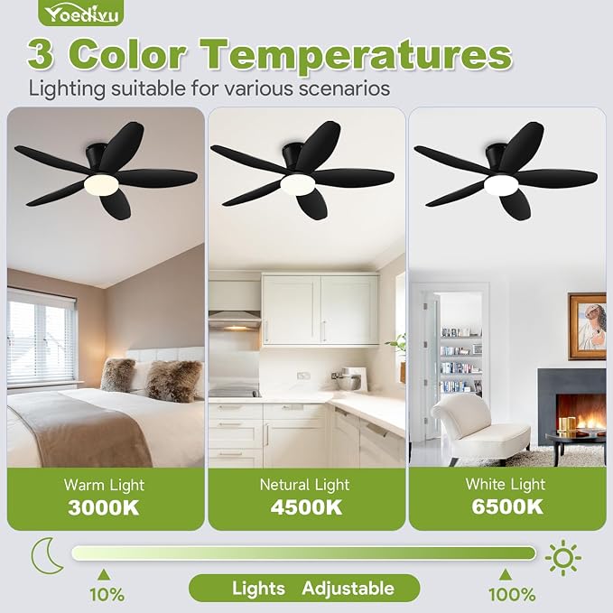 Ceiling Fans with Lights - 42 Inch Low Profile Flush Ceiling Fan with Light and Remote Control, Flush Mount, 6-Speed, 3CCT, Noiseless,Timer, Black Ceiling Fans for Bedroom Indoor/Outdoor Use