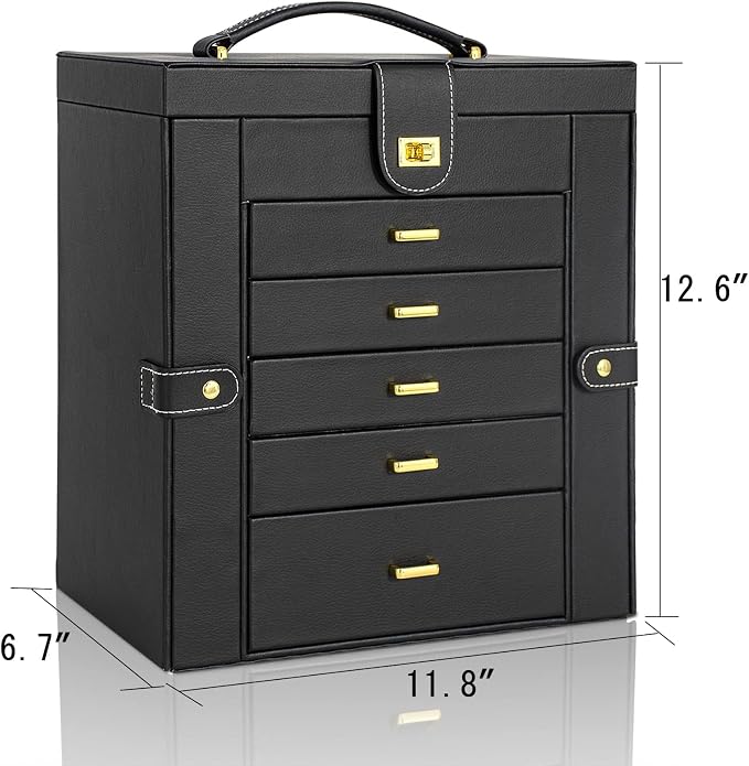 AKOZLIN 6-Tier Jewelry Box Organizer Functional 5 Drawers Leather Jewelry Storage Case for Women Girls Ring Necklace Earring Bracelet Holder Organizer with Mirror Extra Large Black