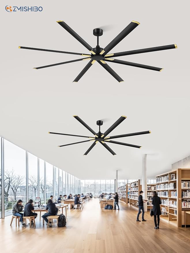 ZMISHIBO 96 Inch Industrial DC Motor Ceiling Fan, Large Ceiling Fan with 8 Reversible Blades, 3 Downrods, 6-Speed Remote Control, Home or Commercial Ceiling Fans for Porch/Garage/Shop, Black and Gold