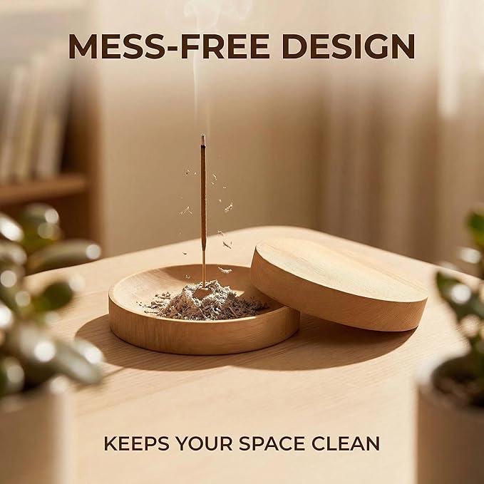2 Pack Handmade Unpainted Solid Wood Incense Holder with Lid, Windproof Round Stick Incense Burner Ash Catcher, Portable Smooth Minimalist Incense Tray for Home Bedroom Office Yoga Camping Travel