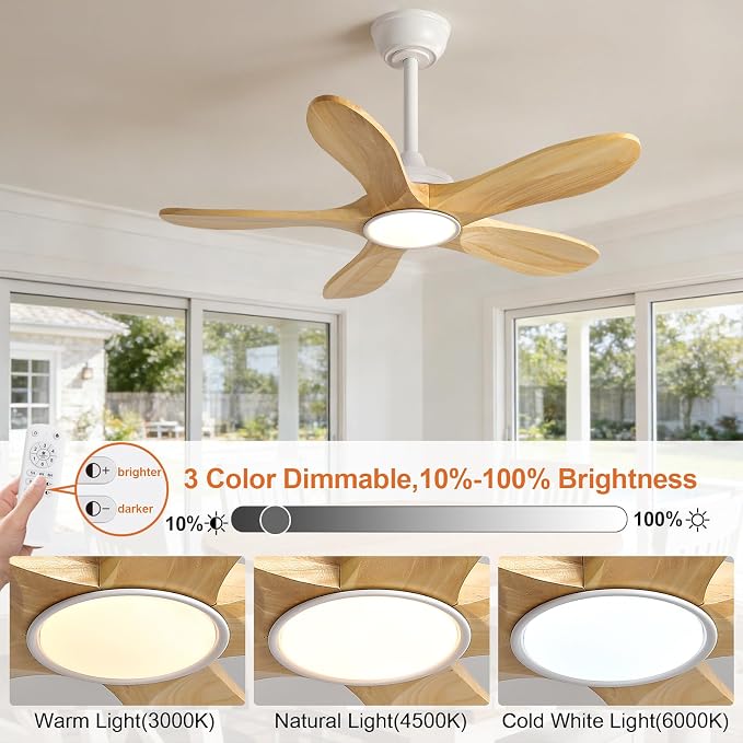 36 Inch White Ceiling Fans with Lights and Remote Control, 5 Blade Natural Wood Ceiling Fan with Light, Modern Indoor Outdoor Ceiling Fan for Porch Kitchen, Dimmable, Reversible, Memory Function
