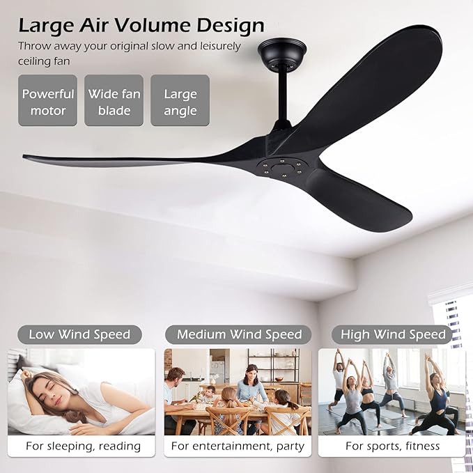 60 Inch Black Ceiling Fan No Light ，Wood Indoor Outdoor Ceiling Fans for Patios Living Room Bedroom Porch Big Farmhouse Ceiling Fan for Flat Sloped Angled Ceiling