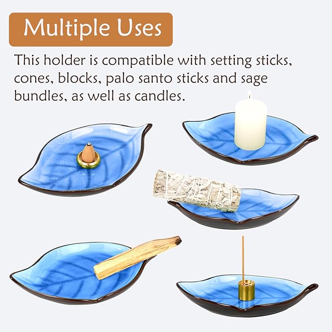 Incense Holder for Sticks (9 Holes) and Cones, Handmade Ceramic Incense Ash Catcher for Meditation, Yoga, SPA Days, Relaxing, Home Decor, Candle Holder, Easy to Clean, Leaf-Shape (Dark Blue)