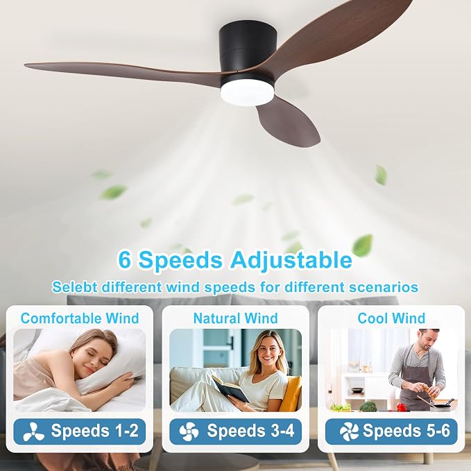 Depuley Flush Mount Ceiling Fan: 52-Inch Black Ceiling Fans with Lights for Bedroom Indoor Outdoor - Low Profile Ceiling Fans with Remote Control 24W 3CCT Dimmable 3 Reversible Walnut Blades 6 Speeds