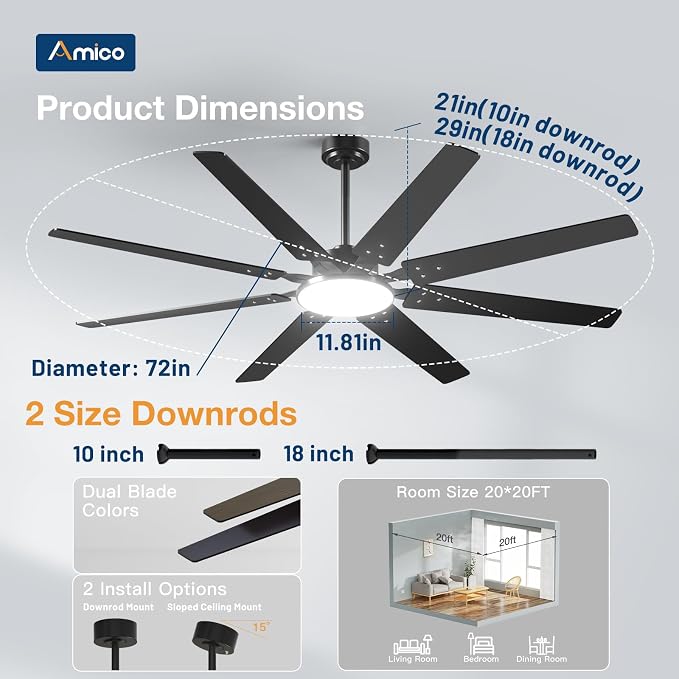 Amico Ceiling Fans with Lights, 72 inch Smart Ceiling Fan Compatible with Alexa/App/Remote Contro,Reversible DC Motor, 6 Speeds, Dimmable 3CCT LED, Quiet Indoor/Outdoor for Living Room, Great Room