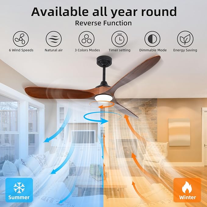 60” Outdoor Ceiling Fan with Light 3 Downrods, Smart Wood Ceiling Fan Compatible with Alexa/Google/App, 3 Blades Modern Walnut Wood Ceiling Fans for Kitchen Living Room Patio