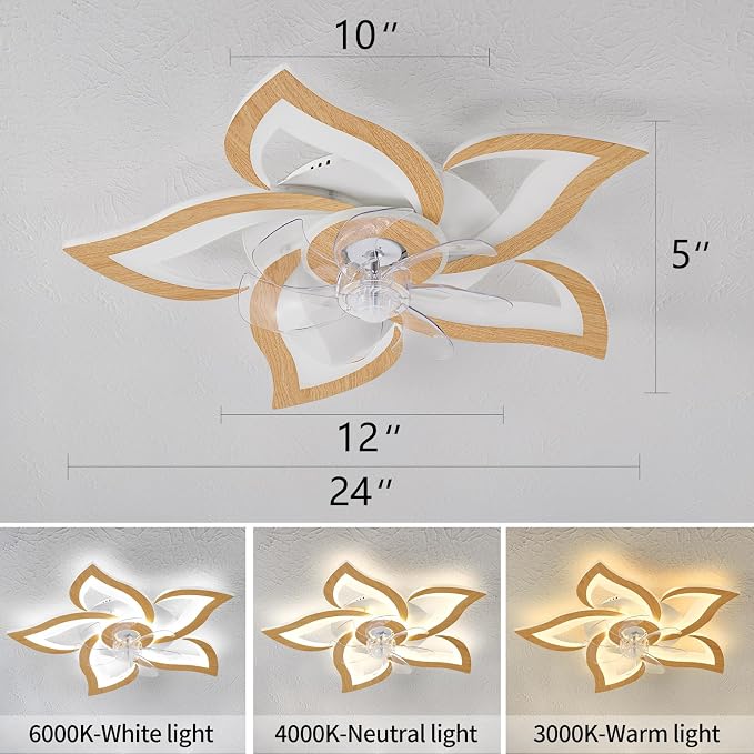 Dalouguan 24" Ceiling Fan with Lights Remote Control, Light Wood Grain Color 6 Speeds 3 Light Color Low Profile Flush Mount Ceiling Fan for Kitchen Bedroom