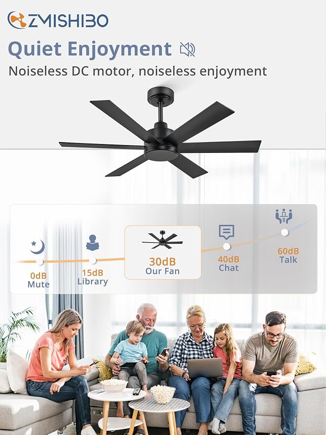 ZMISHIBO 42 Inch Black Ceiling Fan Without Light, Bedroom Ceiling Fan No Light, 6 Blades, Quiet Reversible DC Motor, 6-Speeds, Small Ceiling Fan for Bedroom, Living Room, Patio, Indoor/Outdoor Use