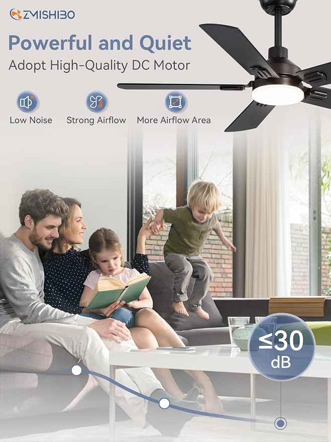 ZMISHIBO 44" Ceiling Fans with Lights, Black Modern Ceiling Fan with Remote, Farmhouse Indoor Ceiling Fan with Dual Finish Blades, Quiet & Strong Motor, Bright LED Light.