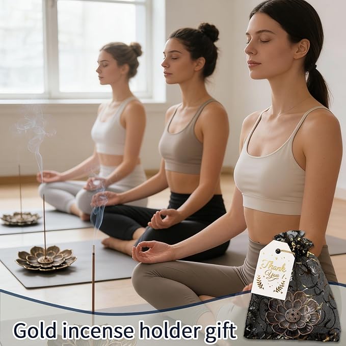 60Set Diwali Gifts Bulk, Lotus Incense Holder Set Ideal Return Gifts for Pooja, Brass Lotus Incense Sticks Holder with Organza Bag and Thank You Card for Indian Return Gift Party Favors