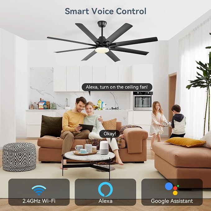 Sofucor 52 Inch Ceiling Fans with Lights, Smart Indoor/Outdoor Ceiling Fan With Remote, Work with Alexa/Google, Quiet Reversible DC Motor, 6-Speed, 8 Blade Black Ceiling Fans for Patio Bedroom Garage