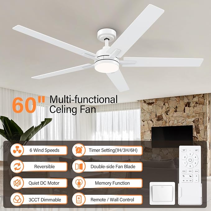 60 Inch White Ceiling Fans with Lights and Remote, Reversible, 3CCT, Dimmable, Noiseless, Large Ceiling Fan for Bedroom, Living Room and Patio, Indoor/Outdoor Use