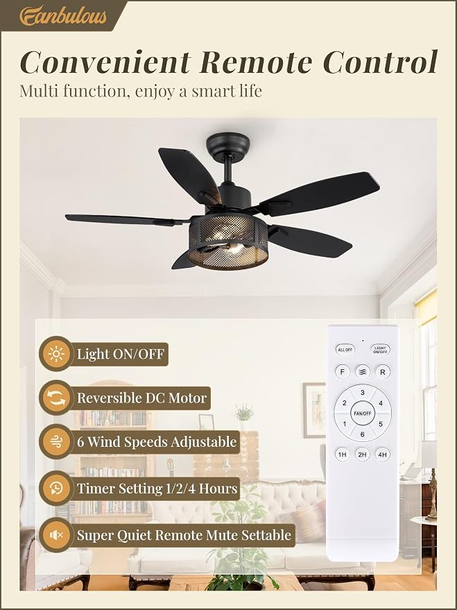 Fanbulous Farmhouse Ceiling Fans with Lights and Remote, 42 Inch Industrial Black Caged Ceiling Fans for Living Room Bedroom Kitchen, 6 Speed Reversible Quiet DC Motor, Dual Finish 5 Blades