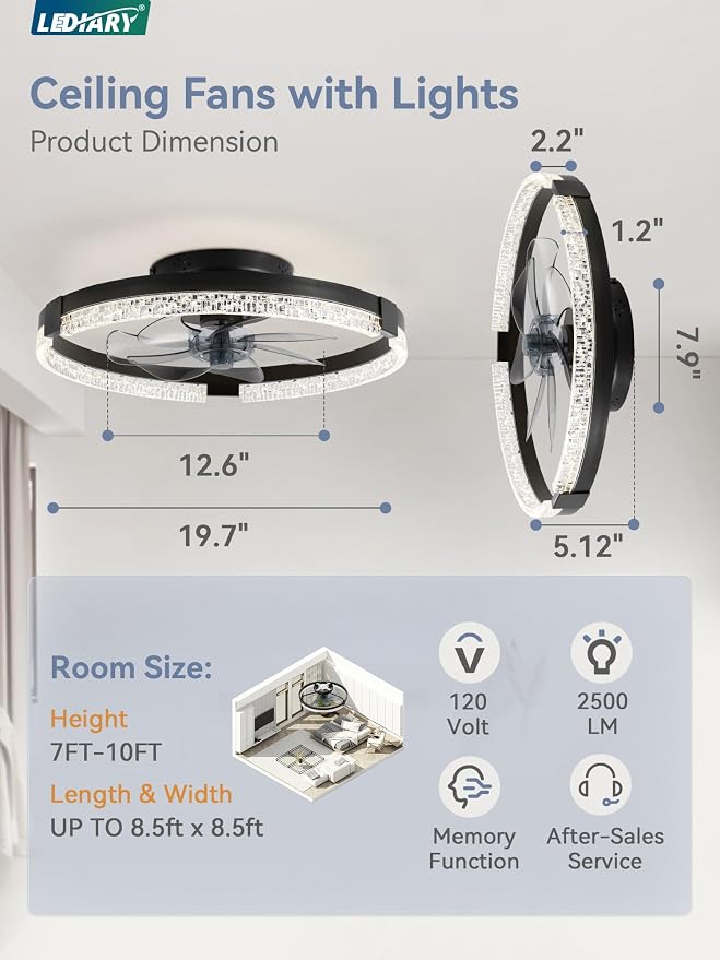 LEDIARY Ceiling Fans with Lights, Low Profile Flush Mount Ceiling Fan, Dimmable LED, APP & Remote Control, Quiet Reversible DC Motor, 6 Speeds, Fandelier for Bedroom (Black, 19.7 inch)