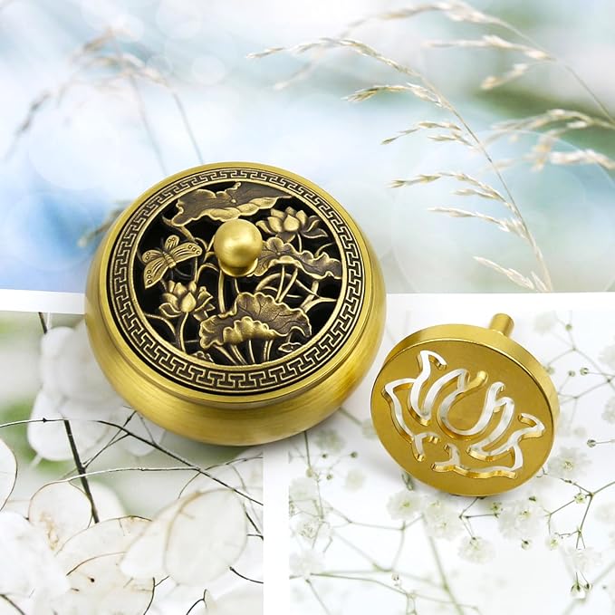 Incense Burner Kit, Incense Burner & Incense Powder Burner for DIY Incense Making Kit, Home Fragrance Holder for Aromatherapy, Meditation, Yoga(Brass Lotus Cover)