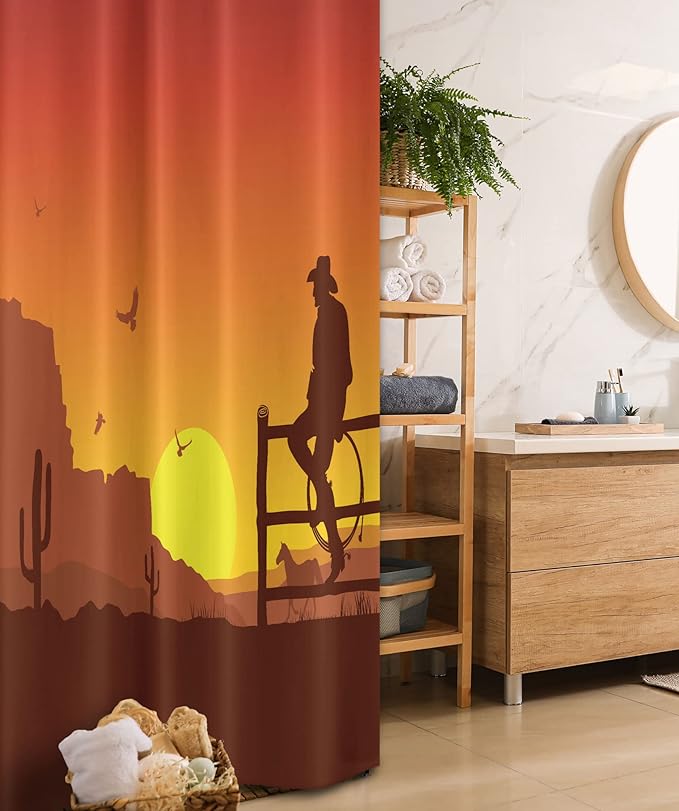 Ambesonne Western Stall Shower Curtain, Silhouette of Cowboy in Wild West Sunset Scene American Culture Image Print, Fabric Bathroom Decor Set with Hooks, 36" W x 72" L, Burnt Orange