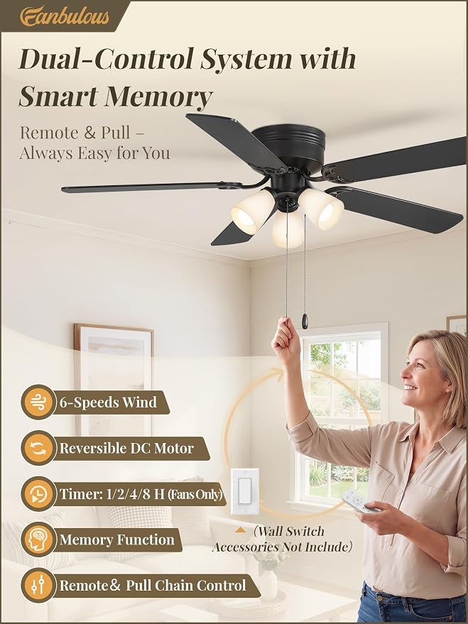 Fanbulous 52" Farmhouse Ceiling Fan with Light, Remote & Pull Chain Control | Shatterproof PP Shades, DC Quiet Motor, 6-Speed Timer, Low Profile Flush Mount for Bedroom, Living Room, Kitchen, Black