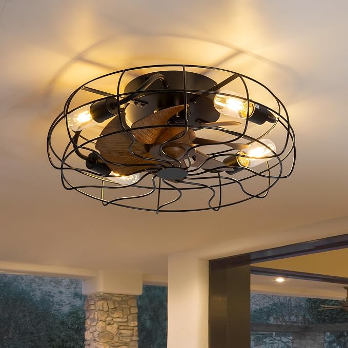 ZYD Caged Ceiling Fan with Light, 19" Caged Industrial Ceiling Fans with Lights and Remote Flush Mount, Small Farmhouse Ceiling Fan with Light Low Profile 6 Speed Reversible with Timing - Black