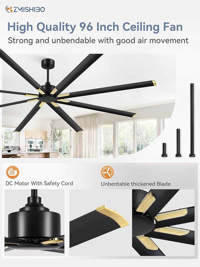 ZMISHIBO 96 Inch Industrial DC Motor Ceiling Fan, Large Ceiling Fan with 8 Reversible Blades, 3 Downrods, 6-Speed Remote Control, Home or Commercial Ceiling Fans for Porch/Garage/Shop, Black and Gold