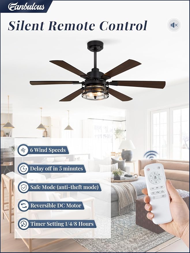48" Farmhouse Ceiling Fans with Lights and Remote,Industrial Large Ceiling Fan with 6-Speed Reversible DC Motor and 6 Dual Finish Blades,Black Ceiling Fan with Light for Living bedroom Patio