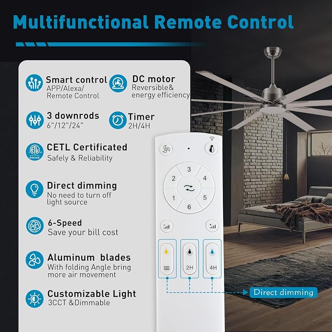 72 lnch lndustrial Smart Celing Fan with Light and Remote Control via WIFI Alexa,Large Celing Fan with 8 Brushed Nickel Aluminum Blades,6 Speed Noiseless DC Motor Indoor Outdoor Ceiling Fans for Patio
