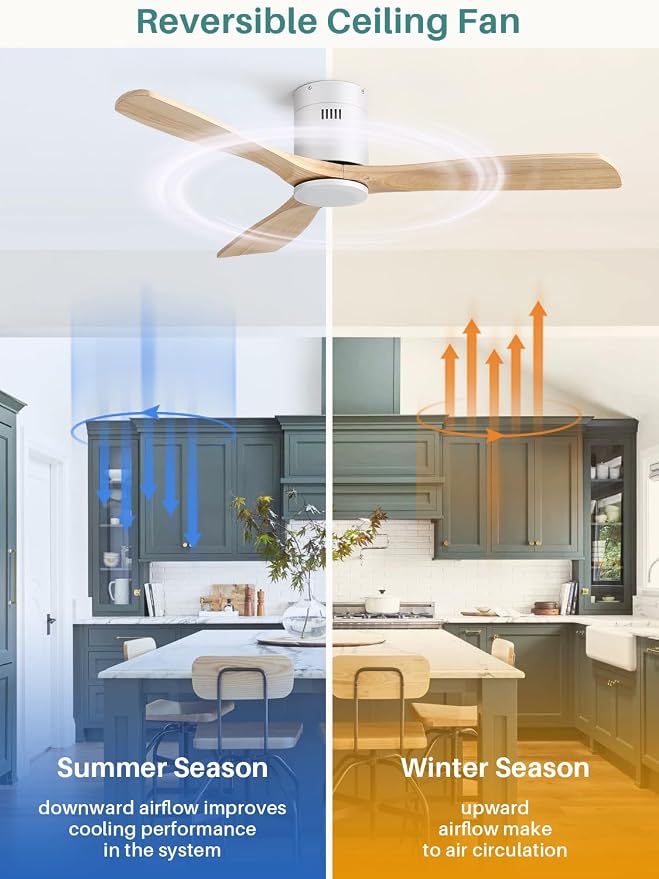 Sofucor 52 Inch Solid Wood Ceiling Fan Without Lights Flush Mount Ceiling Fans with Remote Control-Wood Blades Modern Outdoor Ceiling Fan No Light for Bedroom/Living Room/Patio/Indoor,Natural Wood