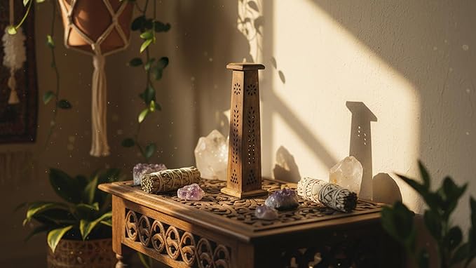 Wooden Incense Stick & Cone Burner Holder Tower Large Organic Eco Friendly Ash Catcher Agarbatti Holder Rustic Style Hand Carved for Meditation Yoga Aromatherapy Home Fragrance Products